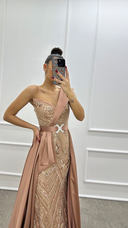 Powder Pink One Shoulder Waist Detail Embroidered Design Evening Dress