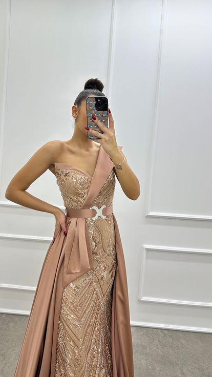 Powder Pink One Shoulder Waist Detail Embroidered Design Evening Dress