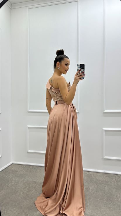 Powder Pink One Shoulder Waist Detail Embroidered Design Evening Dress