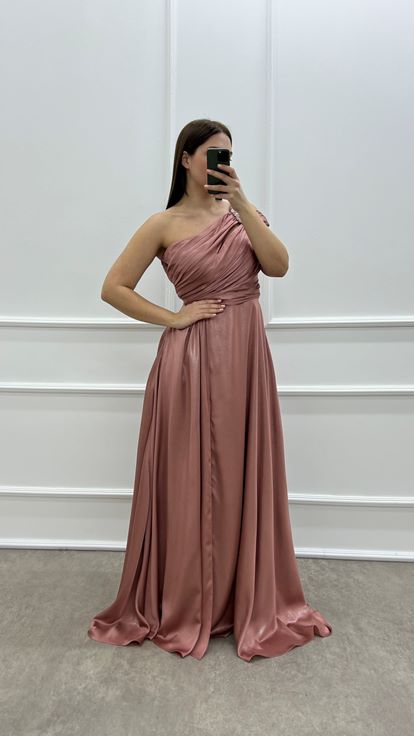 Powder One Shoulder Stone Design Satin Plus Size Evening Dress
