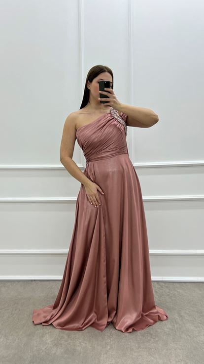 Powder One Shoulder Stone Design Satin Plus Size Evening Dress