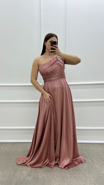 Powder One Shoulder Stone Design Satin Plus Size Evening Dress