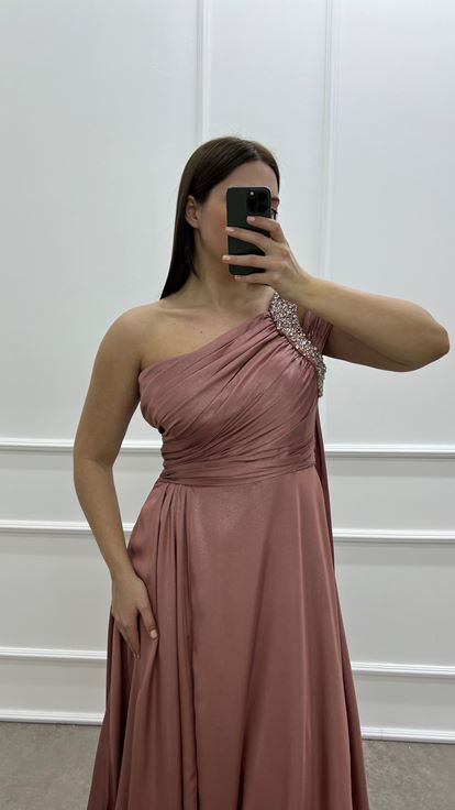 Powder One Shoulder Stone Design Satin Plus Size Evening Dress