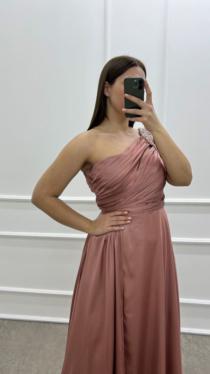 Powder One Shoulder Stone Design Satin Plus Size Evening Dress