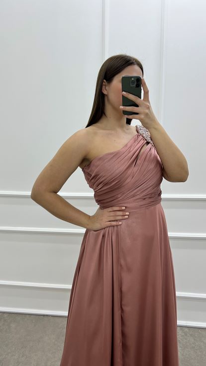 Powder One Shoulder Stone Design Satin Plus Size Evening Dress