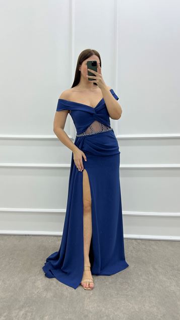 Indigoblaues, überkreuztes, transparentes Abendkleid in Übergröße