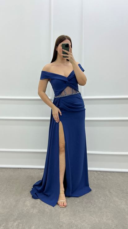 Indigo poitrine croix transparent détail design plus la taille robe de soirée