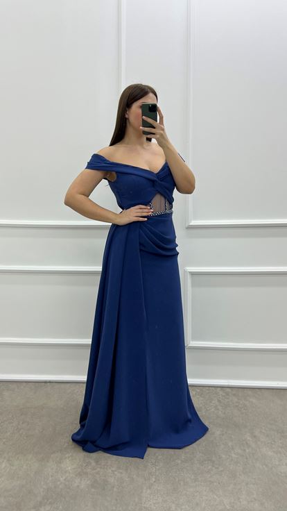 Indigo poitrine croix transparent détail design plus la taille robe de soirée