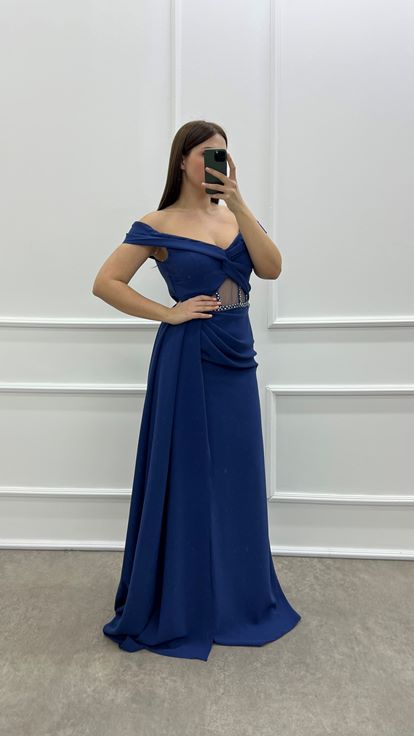 Indigo poitrine croix transparent détail design plus la taille robe de soirée