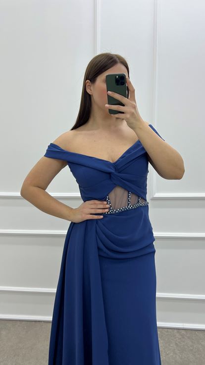 Indigo poitrine croix transparent détail design plus la taille robe de soirée