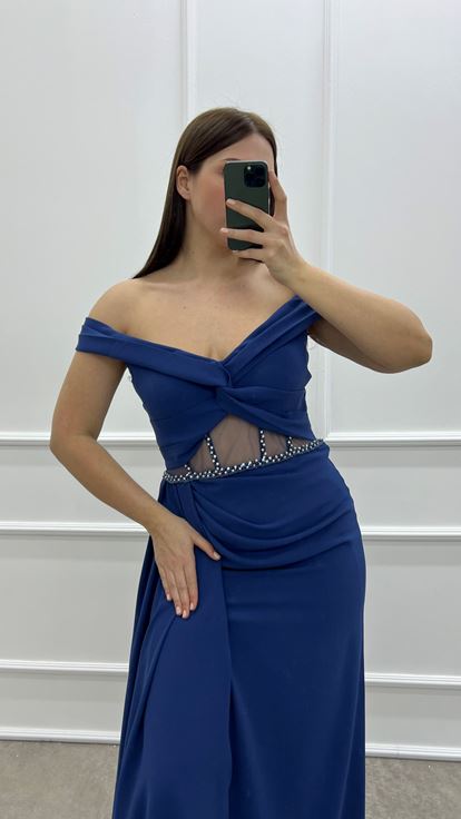 Indigo poitrine croix transparent détail design plus la taille robe de soirée