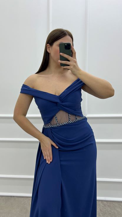 Indigo poitrine croix transparent détail design plus la taille robe de soirée