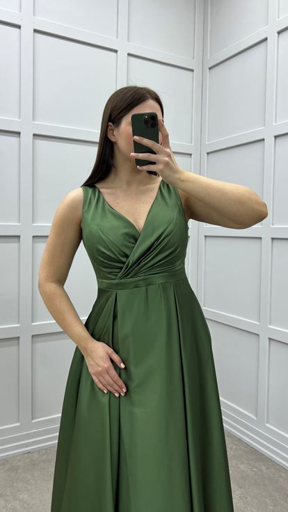 Haki Kruvaze Yaka Tasarım Saten Büyük Beden Elbise