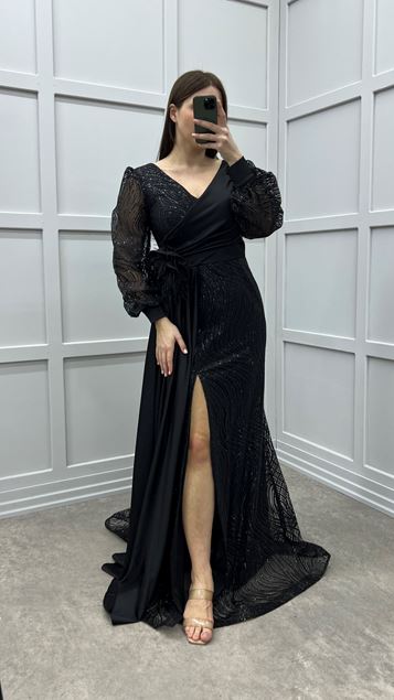 Siyah Balon Kol Bel Detay işlemeli Tasarım Büyük Beden Abiye Elbise