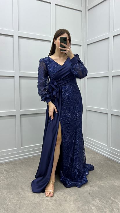 Vestido de noche de manga globo azul marino con detalle de cintura bordado de diseño de talla grande