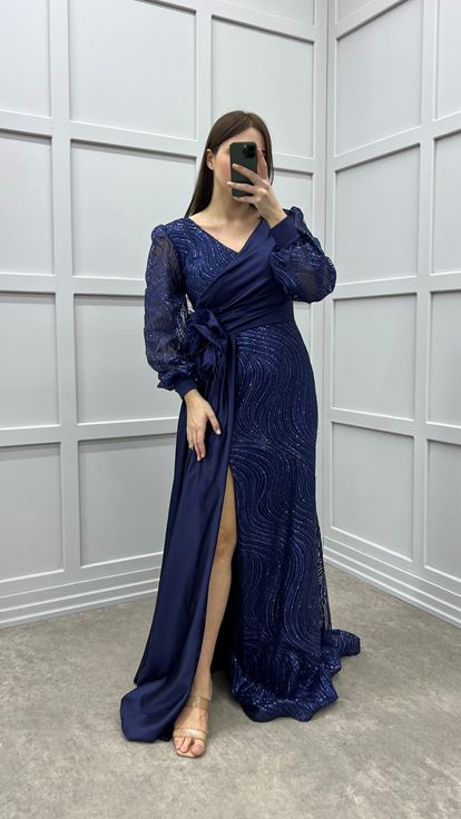 Vestido de noche de manga globo azul marino con detalle de cintura bordado de diseño de talla grande