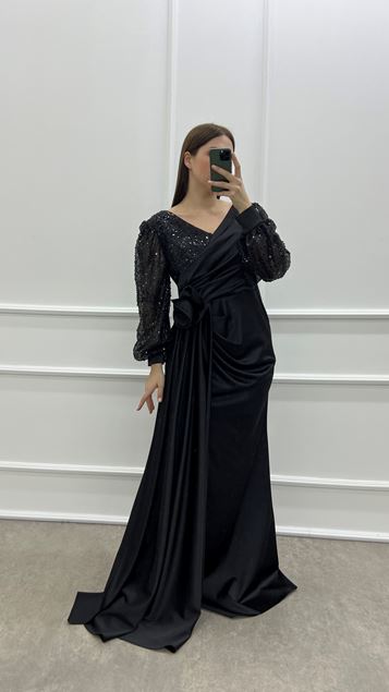 Siyah Balon Kol Bel Detay İşlemeli Tasarım Saten Büyük Beden Abiye Elbise