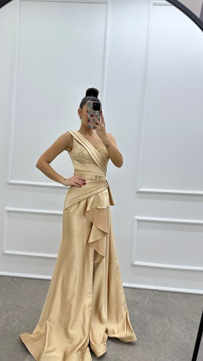 Powder Pink One Shoulder Embroidered Ruffle Detail Satin Evening Dress