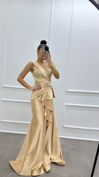 Powder Pink One Shoulder Embroidered Ruffle Detail Satin Evening Dress