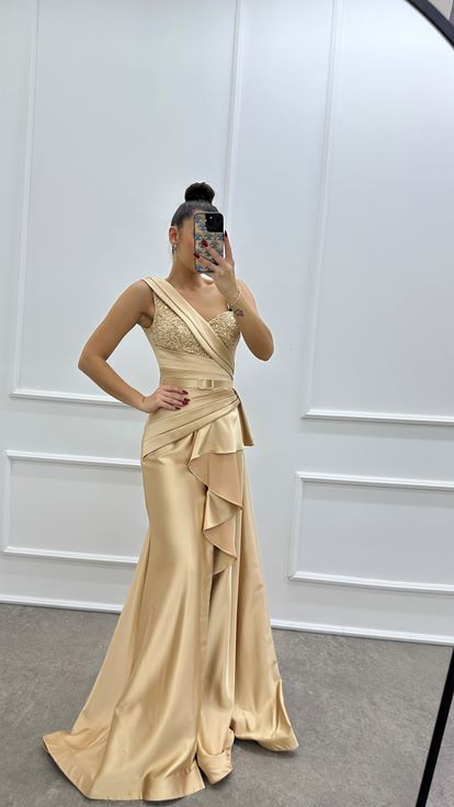 Powder Pink One Shoulder Embroidered Ruffle Detail Satin Evening Dress