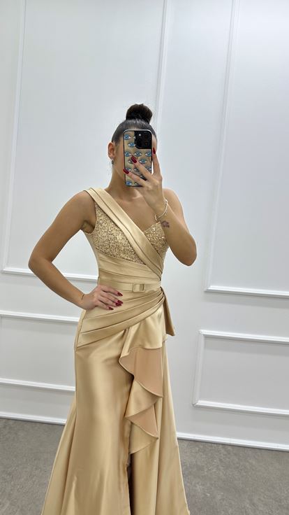 Powder Pink One Shoulder Embroidered Ruffle Detail Satin Evening Dress