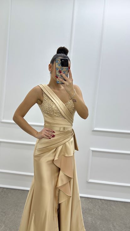 Powder Pink One Shoulder Embroidered Ruffle Detail Satin Evening Dress