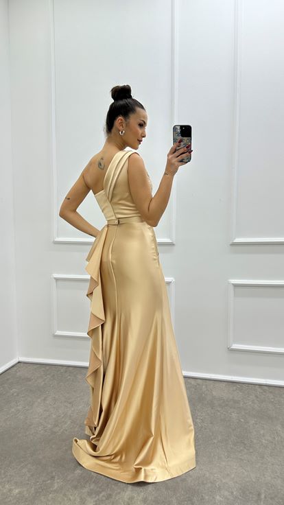 Powder Pink One Shoulder Embroidered Ruffle Detail Satin Evening Dress