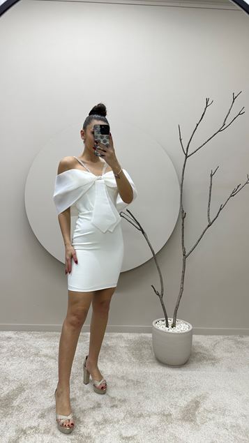 White Chest Bow Rope Strap Design Mini Dress