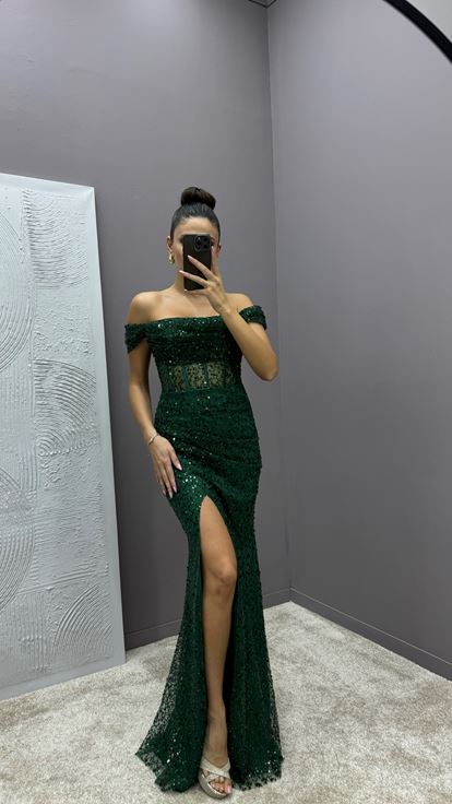 Emerald Green Transparent Detail Slit Design Sequin Dress