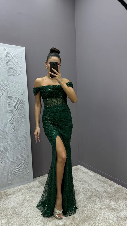 Emerald Green Transparent Detail Slit Design Sequin Dress