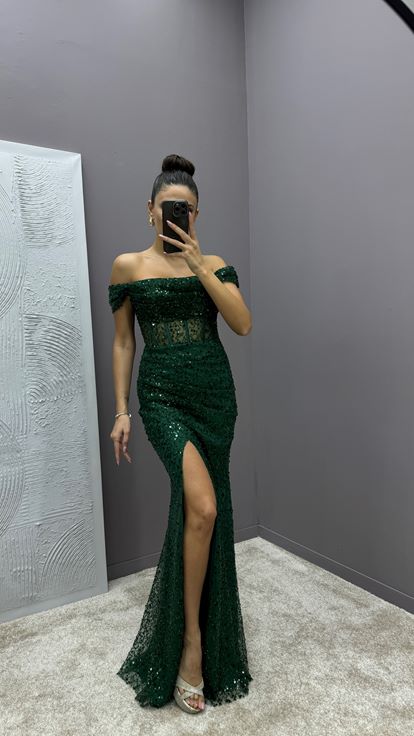 Emerald Green Transparent Detail Slit Design Sequin Dress