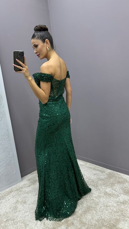 Emerald Green Transparent Detail Slit Design Sequin Dress