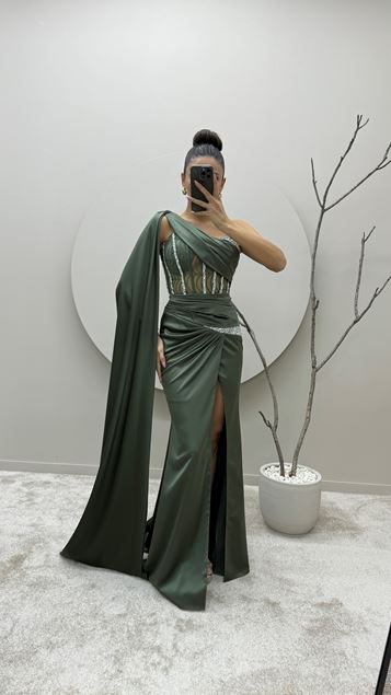 Khaki Abito Da Sera Trasparente Per La Vita Ricamato A Spalla Singola