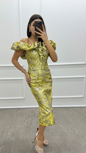 Green Shoulder Flounce Detail Belted Jacquard Dress