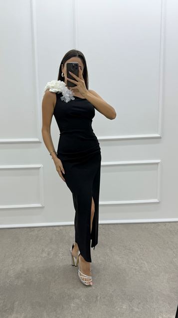 Black One Shoulder Rose Detail Slit Design Dress