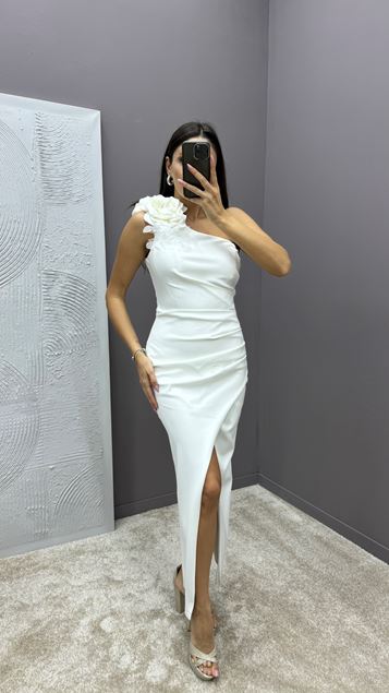 White One Shoulder Rose Detail Slit Design Dress
