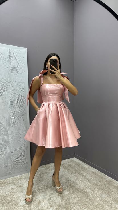Powder Shoulders Bow Detail Pleated Design Satin Dress