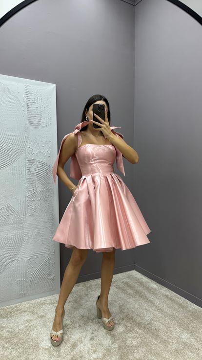 Powder Shoulders Bow Detail Pleated Design Satin Dress
