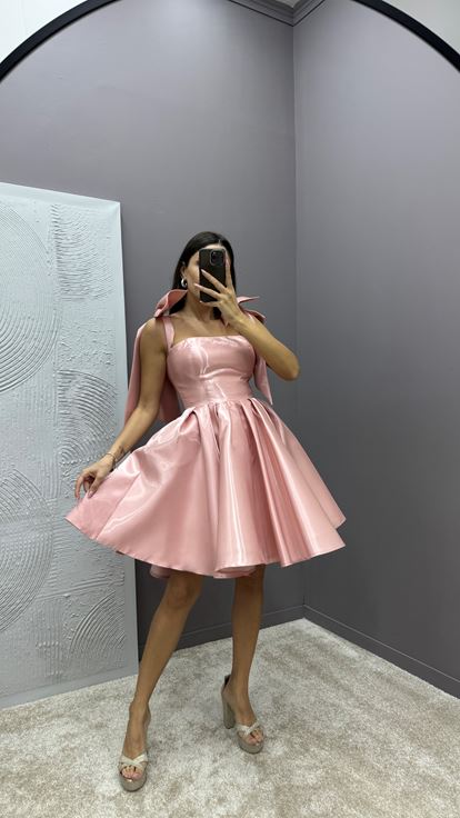 Powder Shoulders Bow Detail Pleated Design Satin Dress