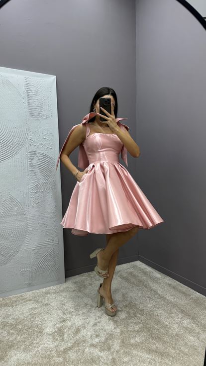 Powder Shoulders Bow Detail Pleated Design Satin Dress