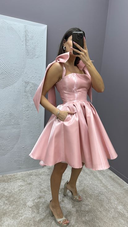 Powder Shoulders Bow Detail Pleated Design Satin Dress