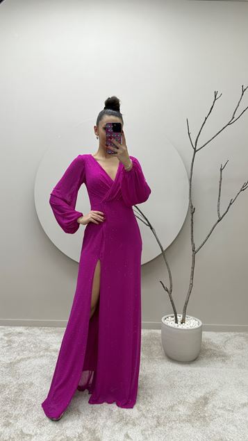 Vestido de diseño bordado bordado de lunares con manga globo fucsia