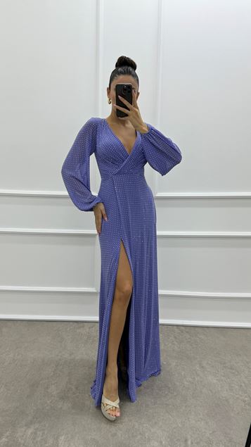 Vestido de diseño bordado bordado de lunares con manga globo lila