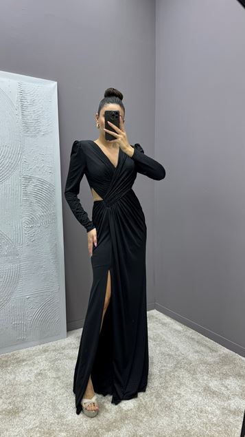 Black Waist Detail Polka Dot Embroidered Design Evening Dress