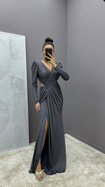 Anthracite Waist Detail Polka Dot Embroidered Design Evening Dress