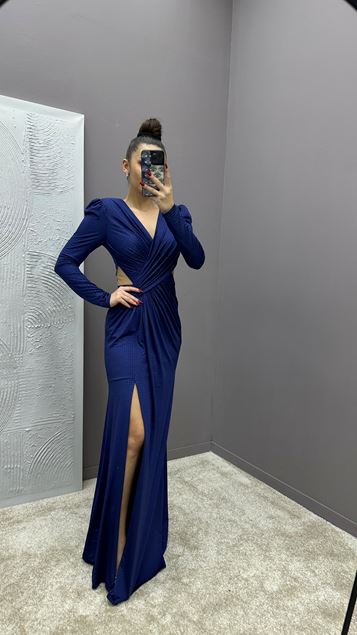 Lacivert Bel Detay Puantiye İşlemeli Tasarım Abiye Elbise