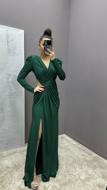 Zümrüt Yeşili Bel Detay Puantiye İşlemeli Tasarım Abiye Elbise