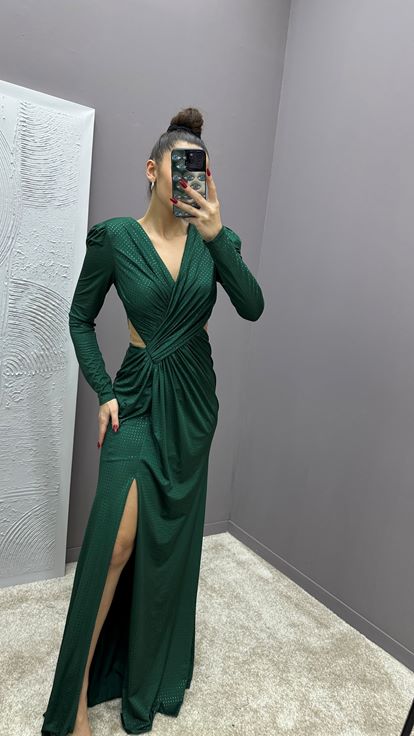 Robe de soirée à pois brodés à la taille vert émeraude