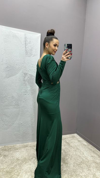 Robe de soirée à pois brodés à la taille vert émeraude