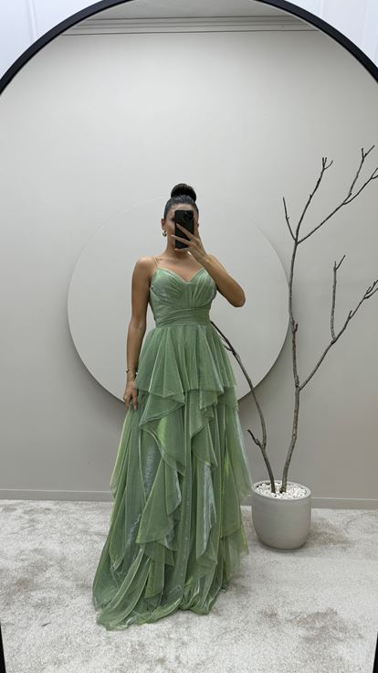 Mint Yeşili İp Askılı Volan Detay Tasarım Elbise